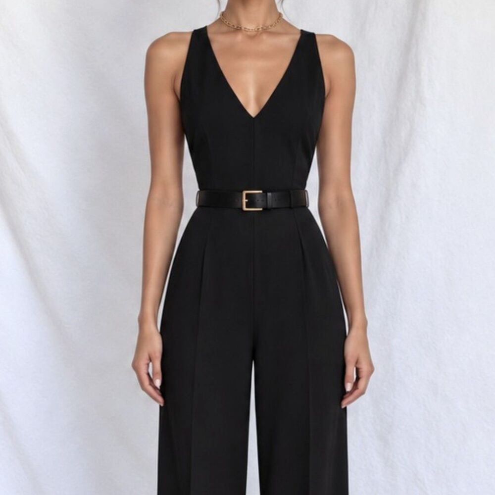 Vintage Y2K Black Sleeveless V-neck Wide Leg One Piece Office Jumpsuit Size M - Picture 2 of 9